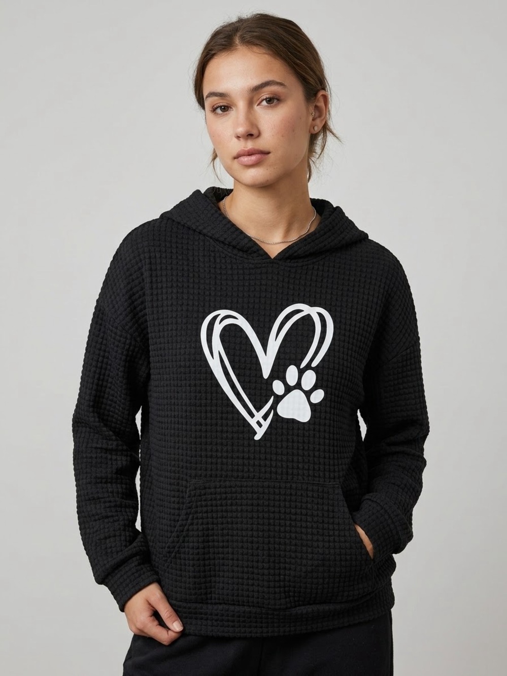 Women's Waffle Knit Paw Print Heart Hoodie Cozy Oversized Black Graphic pullover